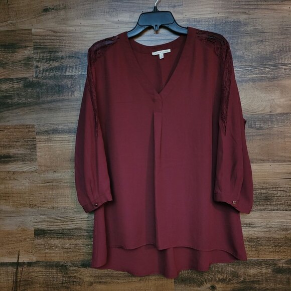 41 Hawthorn Chiffon Tunic Top XXL Floral Lace Accent Hi Low Hem Burgundy - Picture 1 of 8